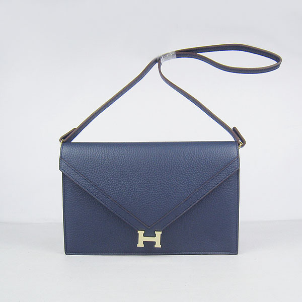 7A Hermes Togo Leather Messenger Bag Dark Blue With Gold Hardware H021 Replica